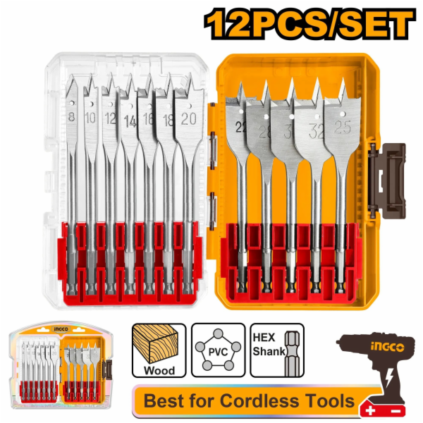 Ingco vrtáky do dřeva ploché, sada 12ks