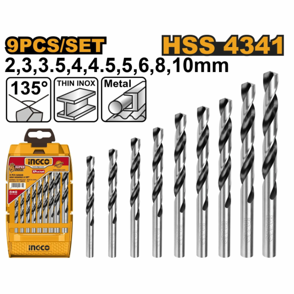 Ingco sada vrtáků spirálové HSS 9 ks