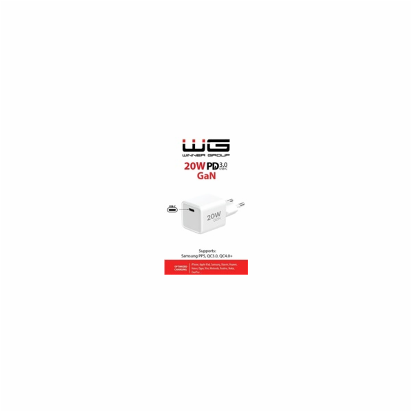 WG - Síťová nabíječka GaN 1x USB-C, PD 20W, 5V-9V-12V, bílá