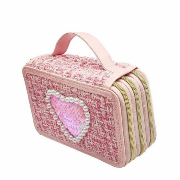 Nice Tvídový penál, 3 úrovně, světle růžový