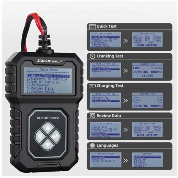 Qoltec Digitální tester baterií s LCD | 12V | AGM | GEL |...