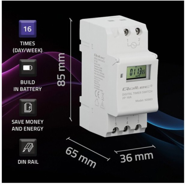 Elektronický časovač TIMER na DIN lištu s vestavěnou bate...