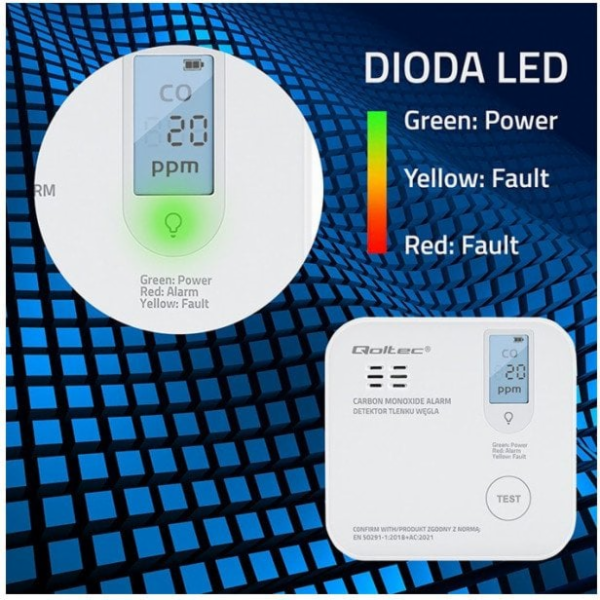 Qoltec Czujnik tlenku węgla z baterią | alarm 85dB | LED