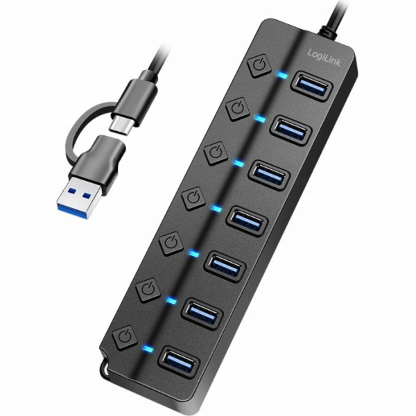 LogiLink HUB USB3.2 Gen1, 7x USB-A, 7x ON/OFF, černý