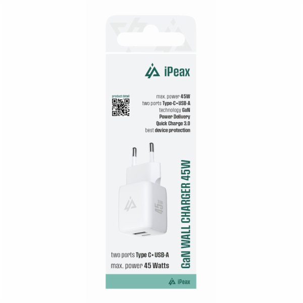 iPEAX GaN SÍŤOVÁ NABÍJEČKA 45W (USB-C + USB-A) BÍLÁ