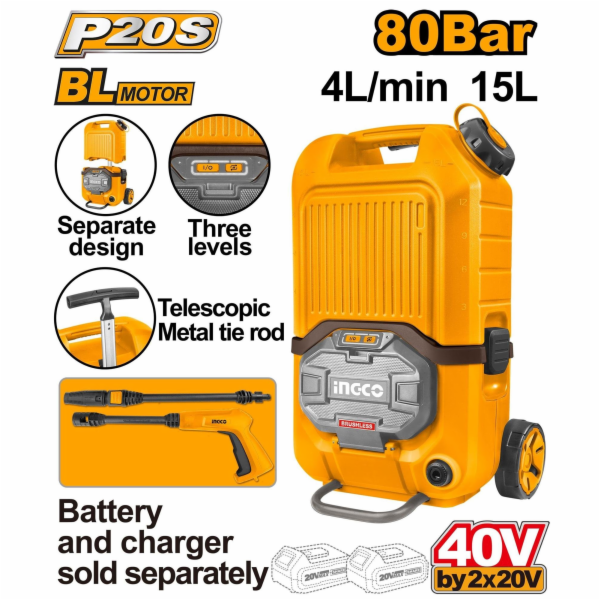 Ingco CPWLI4006 vysokotlaký aku čistič bez baterie a nabí...