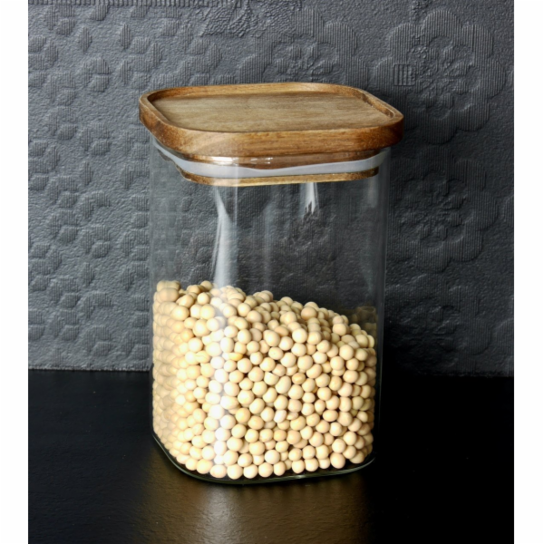 5five Skleněná nádoba s víkem z akáciového dřeva, 1 l