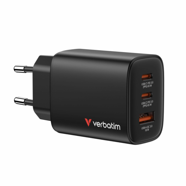 Verbatim Essentials GaN Charger 65W 2xUSB-C/1xUSB-A schwa...