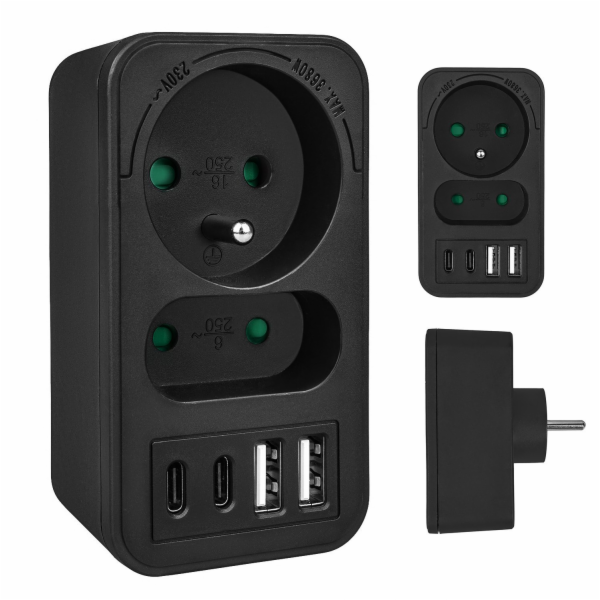Proudová zásuvka Maclean x2 + 4xUSB, rozbočovač se 2 zásu...