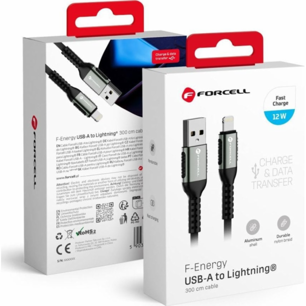 ForCell&nbsp;Kabel&nbsp;USB-A&nbsp;-&nbsp;Lightning&nbsp;3&nbsp;m,&nbsp;černý