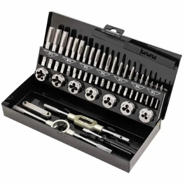 Sada závitníků a matric 58 ks. (M2-M12) kovové pouzdro