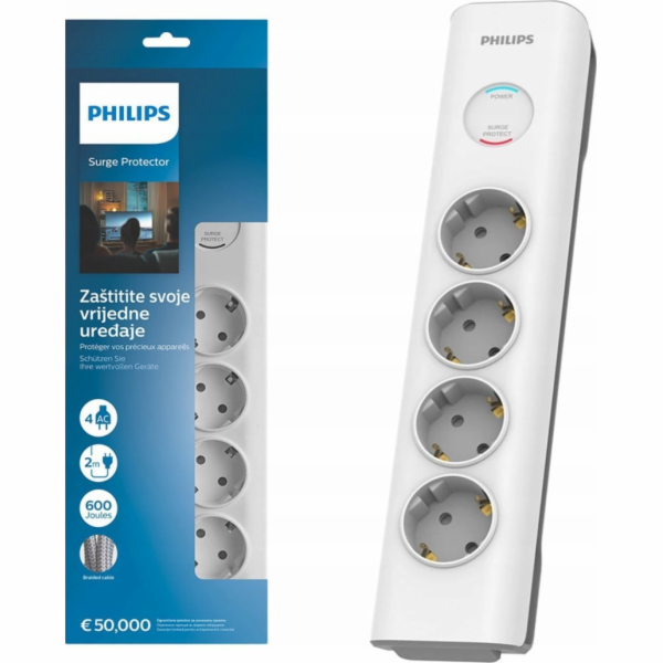 Philips Prodlužovací kabel bílý, 4 zásuvky Schuko, 2 m, S...