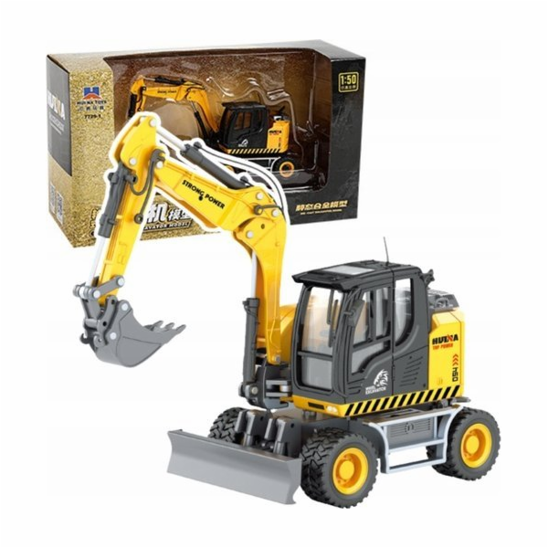 HUINA Kolový bagr s buldozerem, kovový, žlutý 1:50