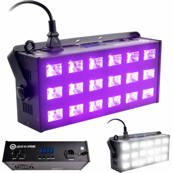 LIGHT4ME LED UV 18x3W reflektor + DMX stroboskop