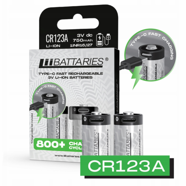 CR123 Baterie LiiBatteries A 750mAh, černá/2 ks, USB-C