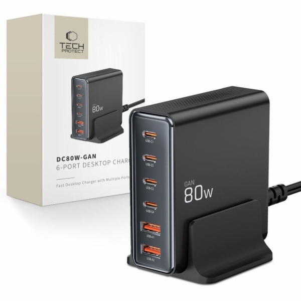 Tech-Protect STOLNÍ NABÍJEČKA DC80W-GAN S 6 PORTY PD80W/Q...