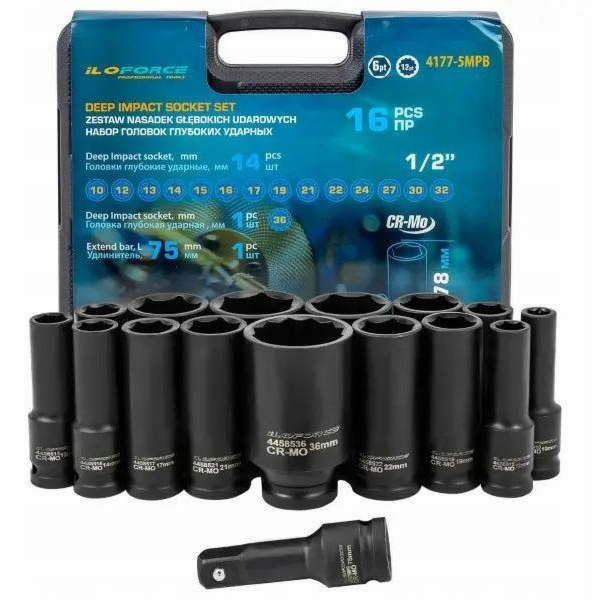 JCB Sada hlubokých rázových objímek 1/2" 16 dílů. (6stran...