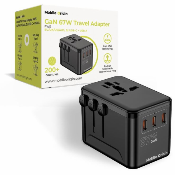 Mobile Origin Cestovní adaptér GaN 67W PW5 EU/UK/US/AUS, ...