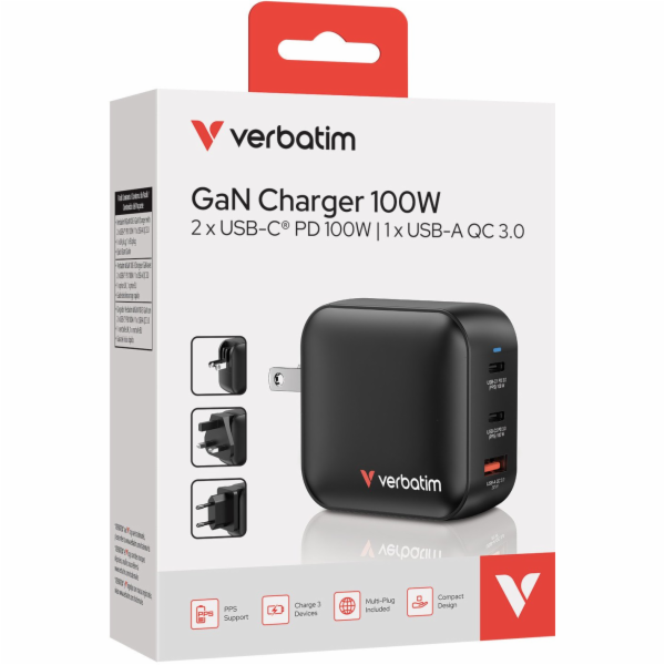 Verbatim Mini GaN 100W síťová nabíječka 2x USB-C PD / 1x ...