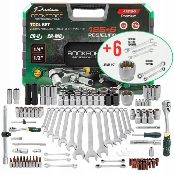 Rockforce Sada nářadí 125+6dílná 1/4, 3/8, 1/2 Premium