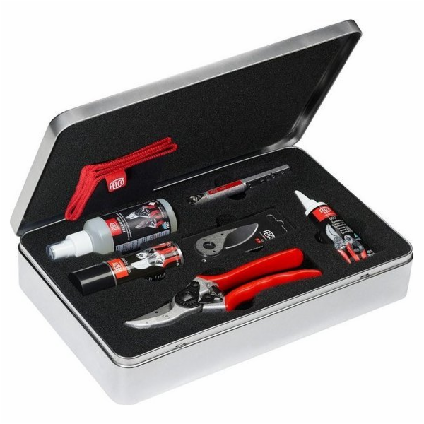 Felco Sada na údržbu a nůžky na zahradu v plechovce