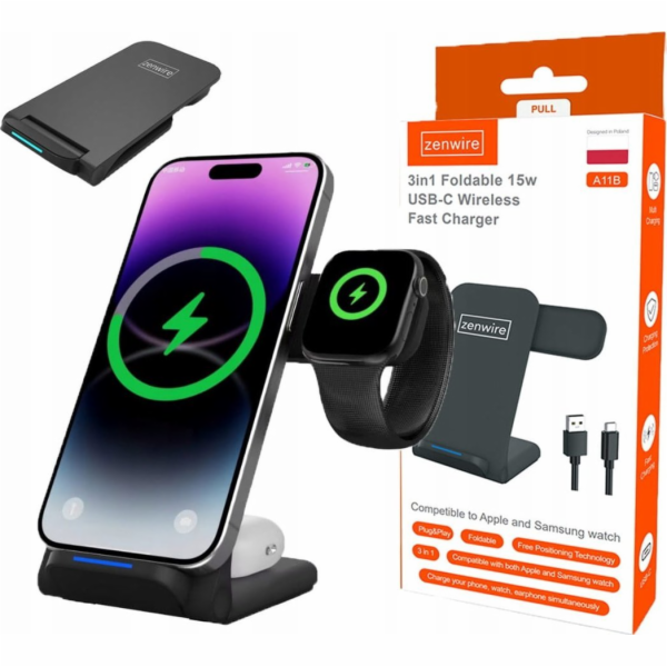 Zenwire Bezdrátová nabíječka A11B 3 v 1 s USB-C pro iPhon...