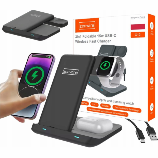 Zenwire Bezdrátová nabíječka 3 v 1 s USB-C pro chytré tel...