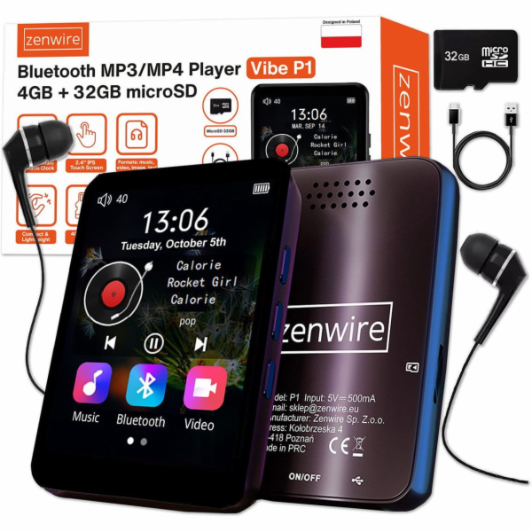 Zenwire Přenosný MP3 MP4 přehrávač Bluetooth FM rádio Hla...