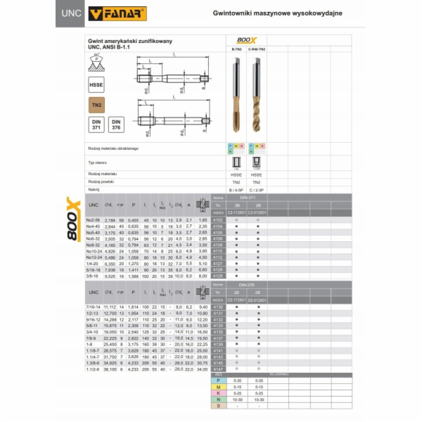 Fanar Závitníky UNC 1/2-13 DIN-376B (2B) HSSE TN 800X