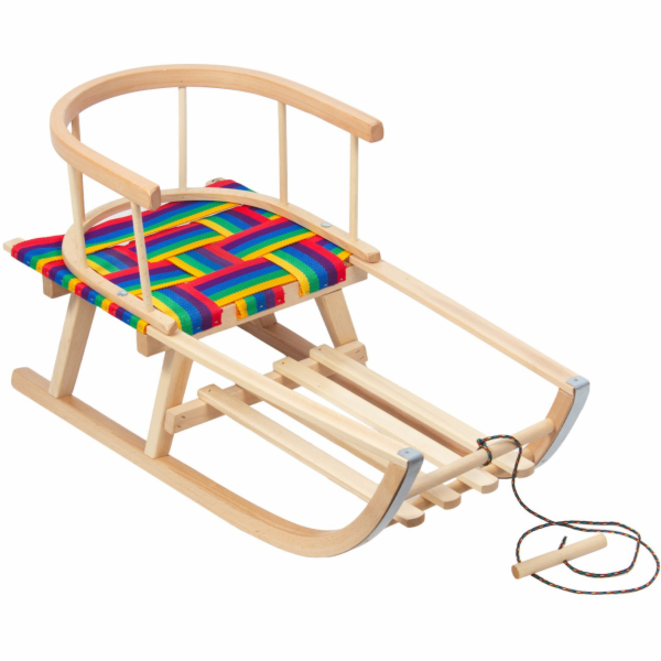 Zelenomodré dřevěné sáňky, opěradlo, látkový sedák, šňůra...