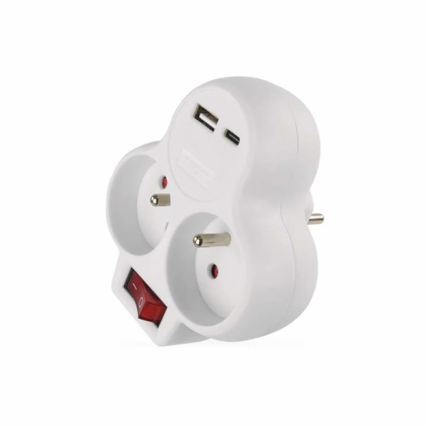EMOS Rozbočovací zásuvka 2×, vypínač., 1×USB-A+1×USB-C, bílá