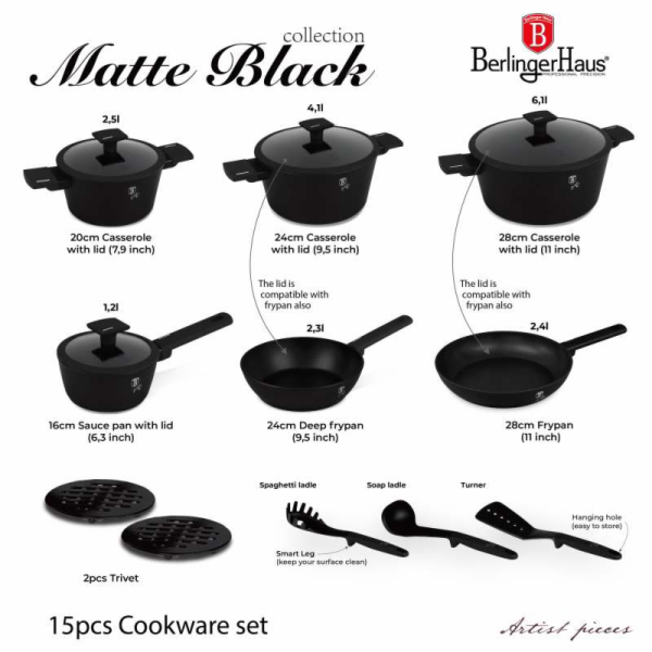 Sada nádobí s titanovým povrchem 15 ks Matte Black Collec...