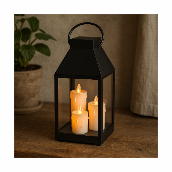 Lucerna černá s 3 LED svíčkami 35 cm KO-ANX001760