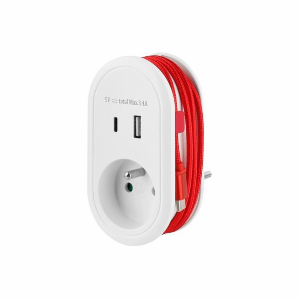 Zásuvka rozbočovací (1xkulatá) s USB-A+USB-C portem a kab...