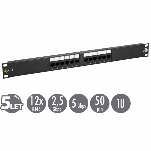 Solarix 19" Patch panel 12 x RJ45 CAT5E UTP 150 MHz černý...