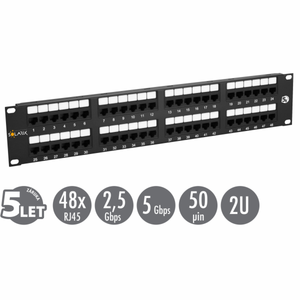 Solarix 19" Patch panel 48 x RJ45 CAT5E UTP 150 MHz černý...