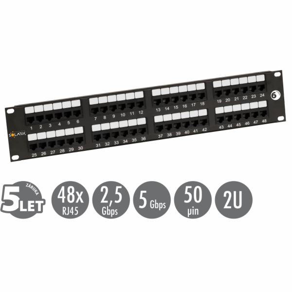 19" patch panel Solarix 48 x RJ45 CAT6 UTP 350 MHz černý ...