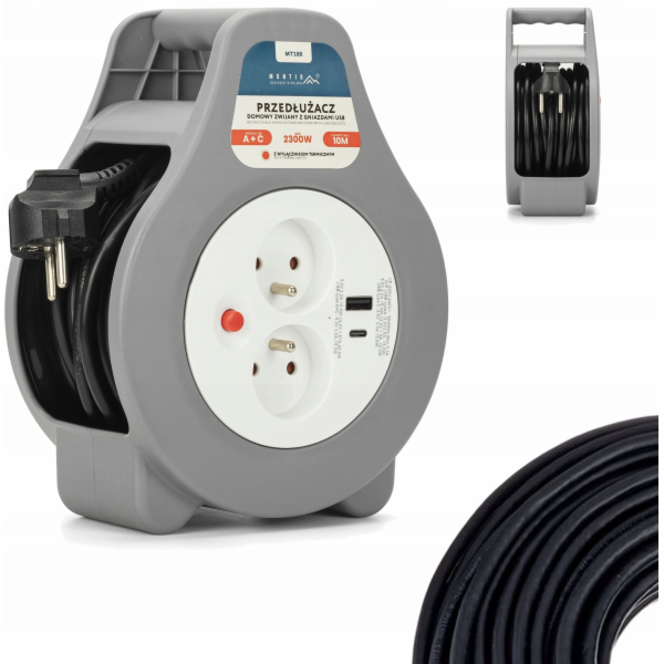 Montis Przedłużacz domowy zwijany z USB 10m MT188 2 AC zá...