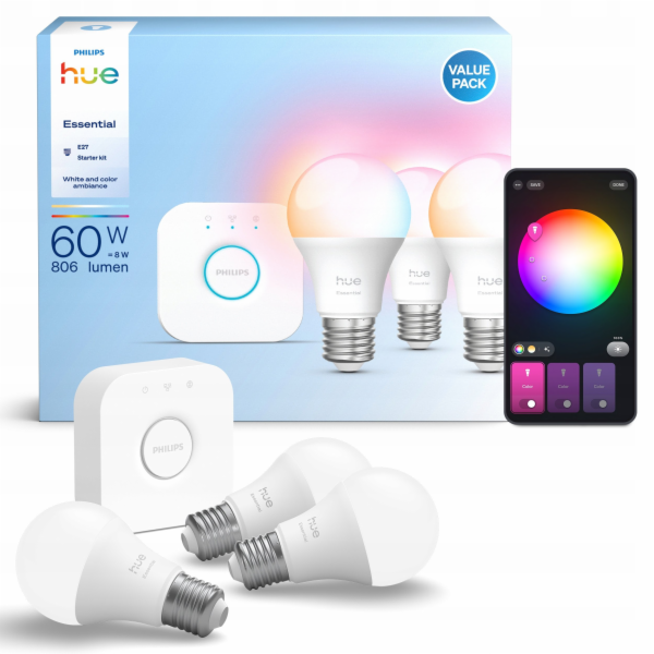 Philips Hue Essential Starter Kit A60 + Hue Bridge Full C...