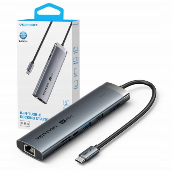 Dokovací stanice Vention USB-C 8v1 4K 60Hz 100W