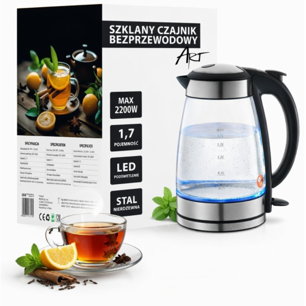 Art ELEKTRICKÁ SKLENĚNÁ KONVICE LED 1,7 L