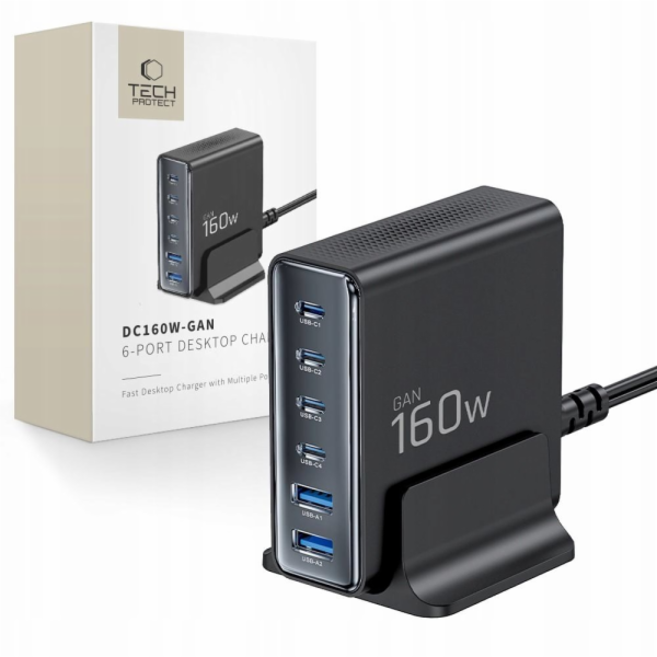 Tech-Protect Stolní nabíječka DC160W-GAN s 6 porty PD 160...