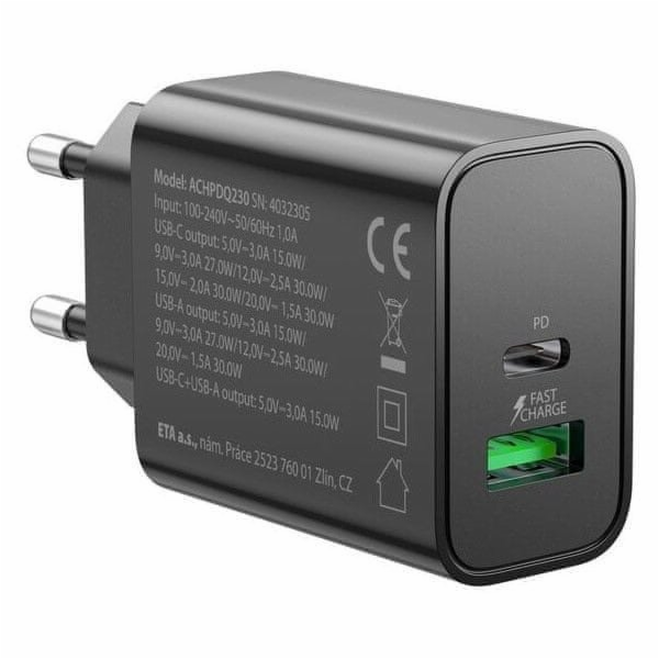 GoGEN Nabíječka ACHPDQ230B PD USB 30W 15V C+A černá