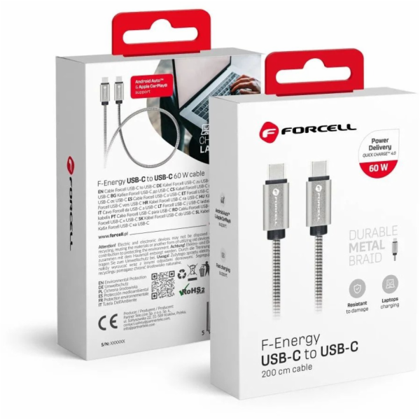 ForCell Kabel USB-C - USB-C 2 m stříbrný