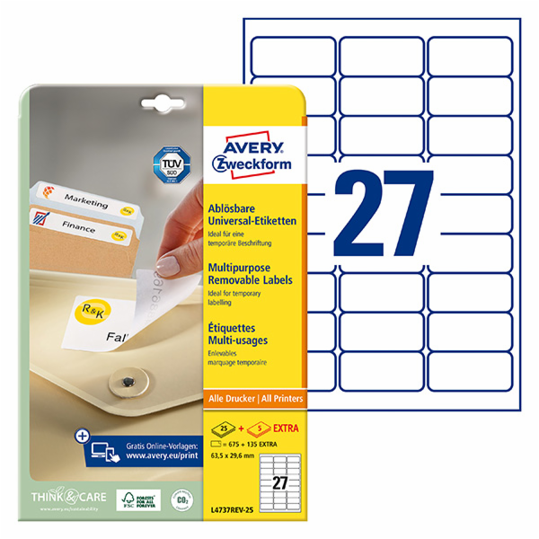 Avery Zweckform Etikety 63,5 mm x 29,6 mm, A4, bílé, 27 e...