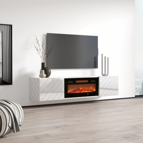 Skříň RTV LUXE 182,6x34,5x37,5 bílá/lesklá bílá + černý krb