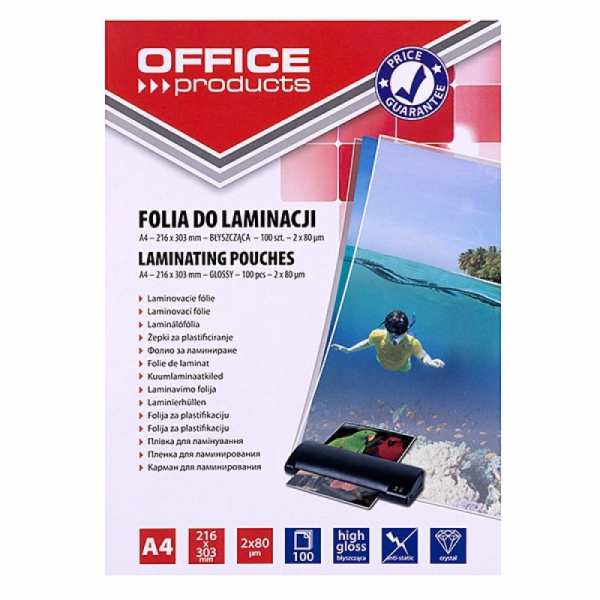 OFFICE PRODUCTS Laminovací fólie, A4, 2×80 mikronů, leskl...