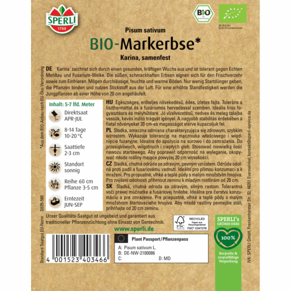 Sperli bio semínka letní hrášek Karina