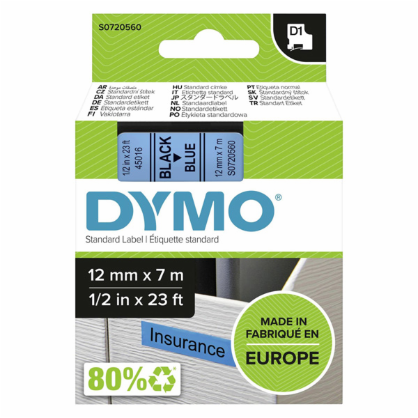 Dymo D1 paska 12 mm x 7 m cerna na modre 45016