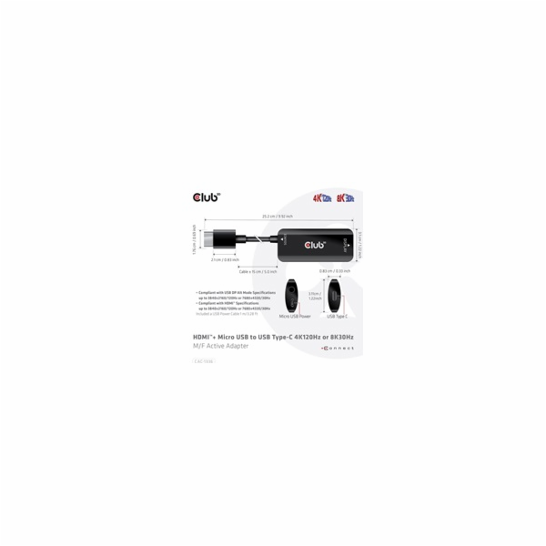 Club3D Adaptér HDMI + Micro USB na USB-C 4K120Hz/8K30Hz, ...